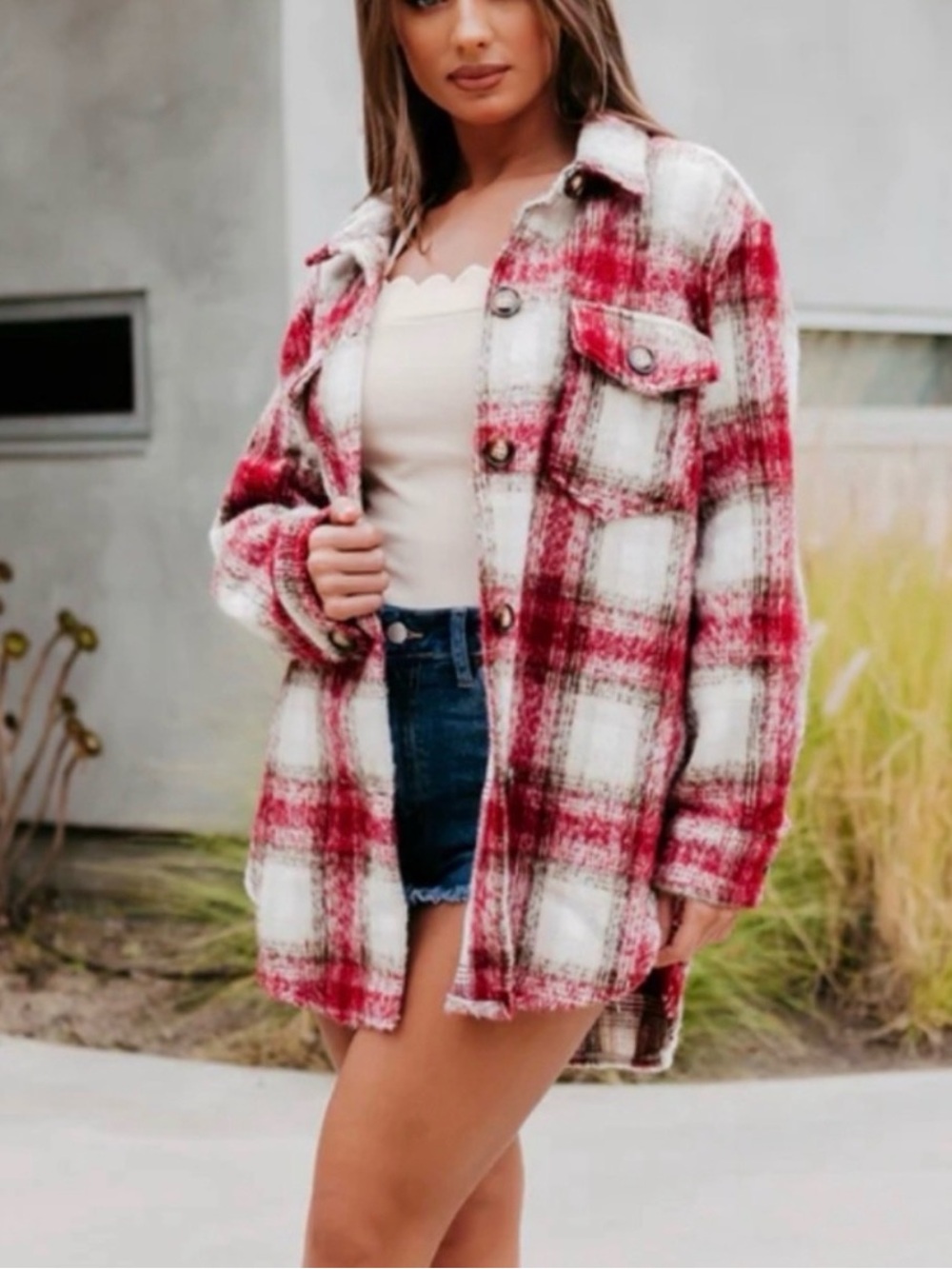 Bagatelle Collection Pink & Red Plaid Oversized Shacket — Size Medium (EUC)